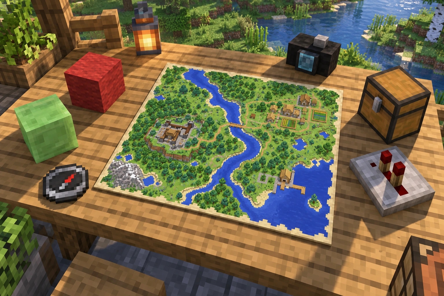 摆着 Minecraft 地图、相机、指南针与红石道具的导演工作台